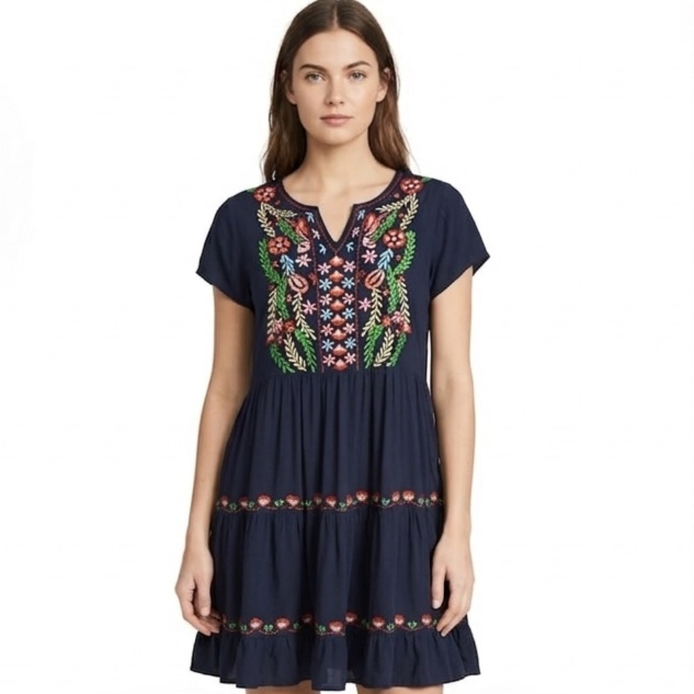 Shoreline Wear Navy Blue Floral Embroidered Rayon Mini Dress - Large summer
